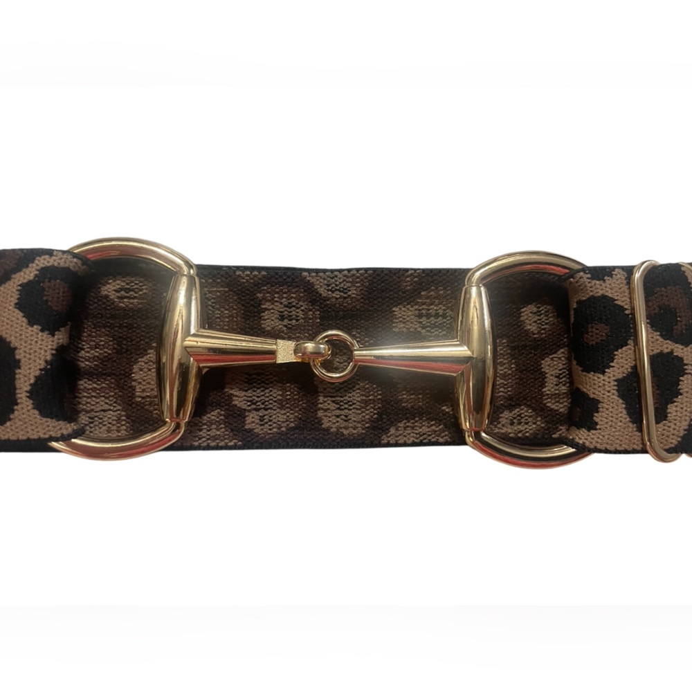 NWT Luxequine 1 1/2” Wide Black/Tan Leopard Belt with Gold Snaffle Bit Buckle - Picture 3 of 4